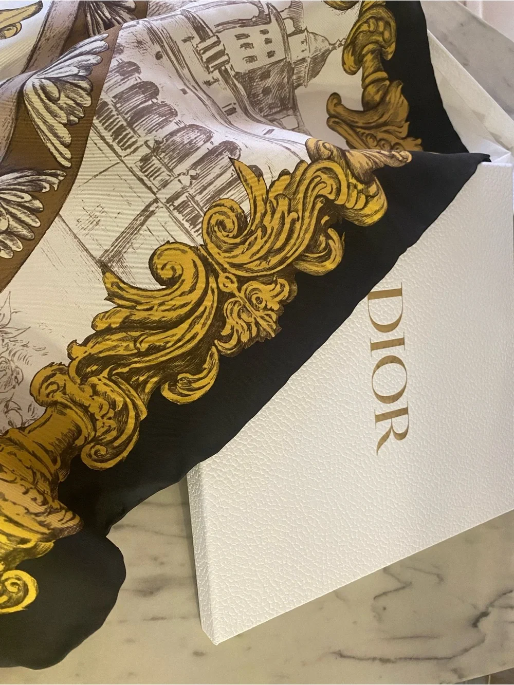 Dior Silk Scarf in Black and Gold Baroque Print